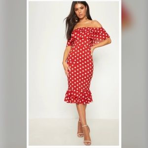 Off the Shoulder Polka Dot Ruffled Midi Dress